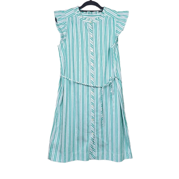 Loft White Green Striped Ruffle Tie Waist Shirtdress Size M NWT - Picture 5 of 7